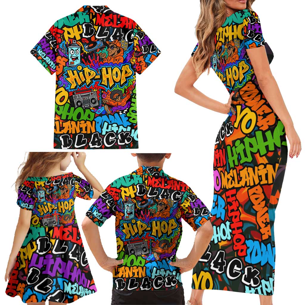 Hip Hop Graffiti Style Family Matching Short Sleeve Bodycon Dress and Hawaiian Shirt Black Melanin Text and Urban Street Art Design - Wonder Print Shop