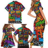Hip Hop Graffiti Style Family Matching Short Sleeve Bodycon Dress and Hawaiian Shirt Black Melanin Text and Urban Street Art Design - Wonder Print Shop