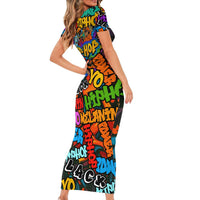 Hip Hop Graffiti Style Family Matching Short Sleeve Bodycon Dress and Hawaiian Shirt Black Melanin Text and Urban Street Art Design - Wonder Print Shop