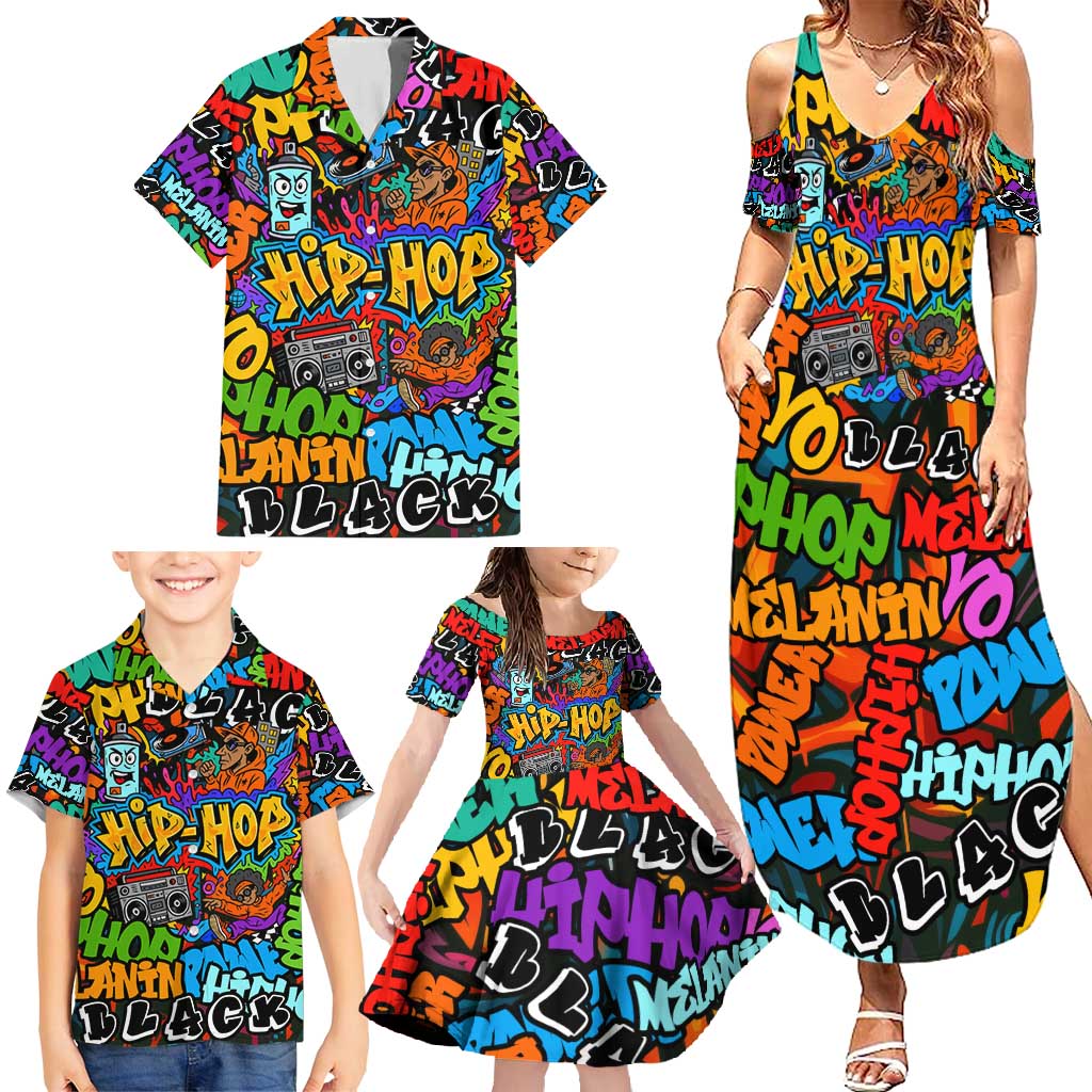 Hip Hop Graffiti Style Family Matching Summer Maxi Dress and Hawaiian Shirt Black Melanin Text and Urban Street Art Design - Wonder Print Shop