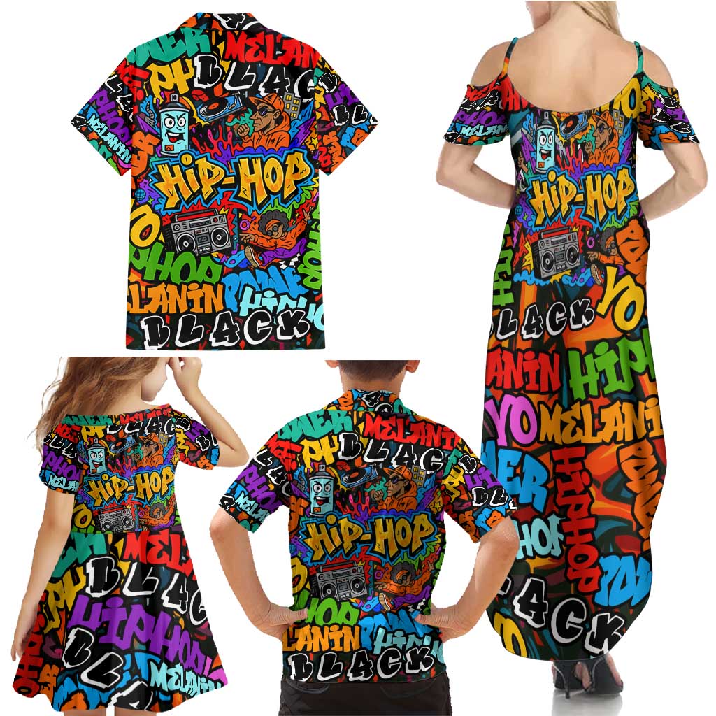 Hip Hop Graffiti Style Family Matching Summer Maxi Dress and Hawaiian Shirt Black Melanin Text and Urban Street Art Design - Wonder Print Shop