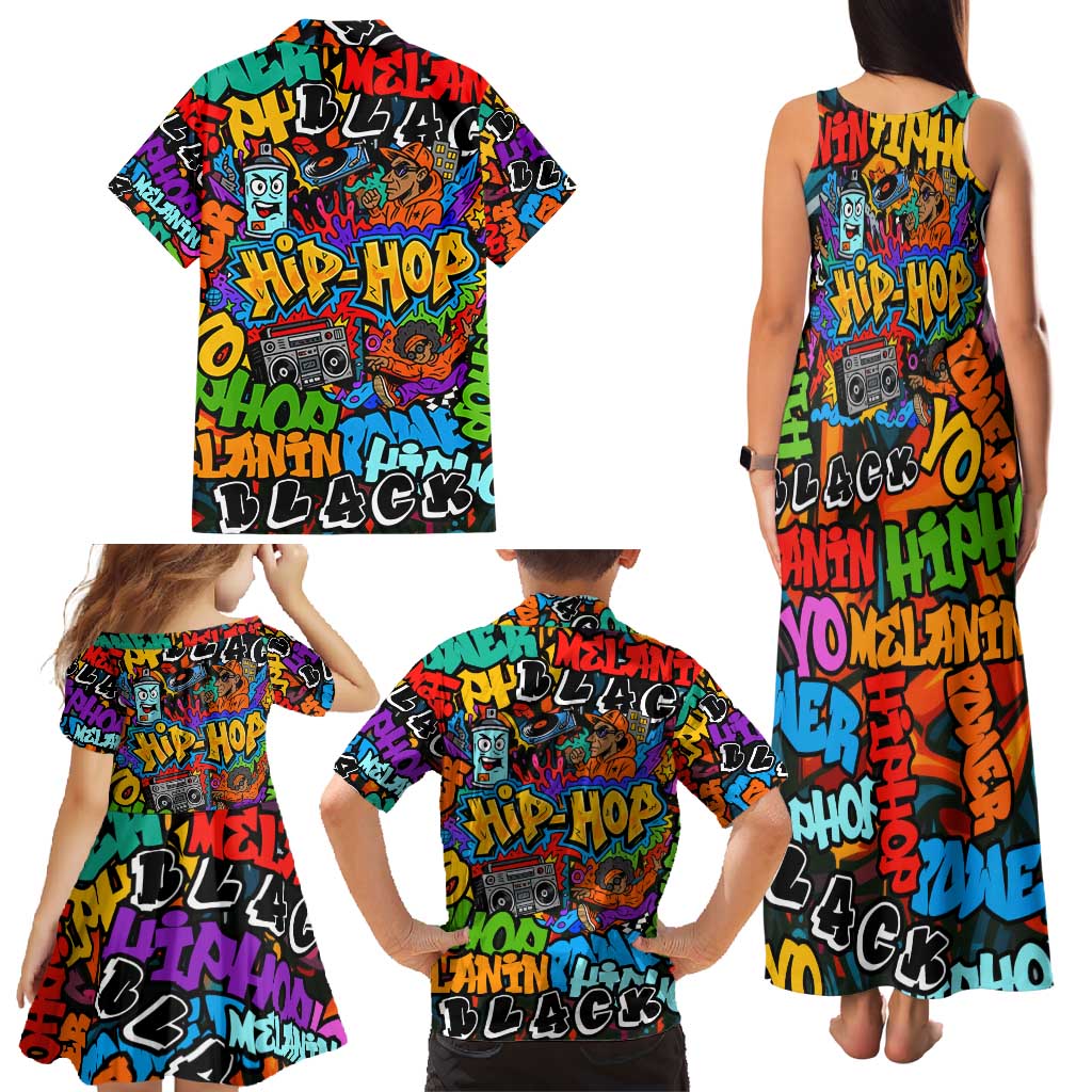 Hip Hop Graffiti Style Family Matching Tank Maxi Dress and Hawaiian Shirt Black Melanin Text and Urban Street Art Design - Wonder Print Shop