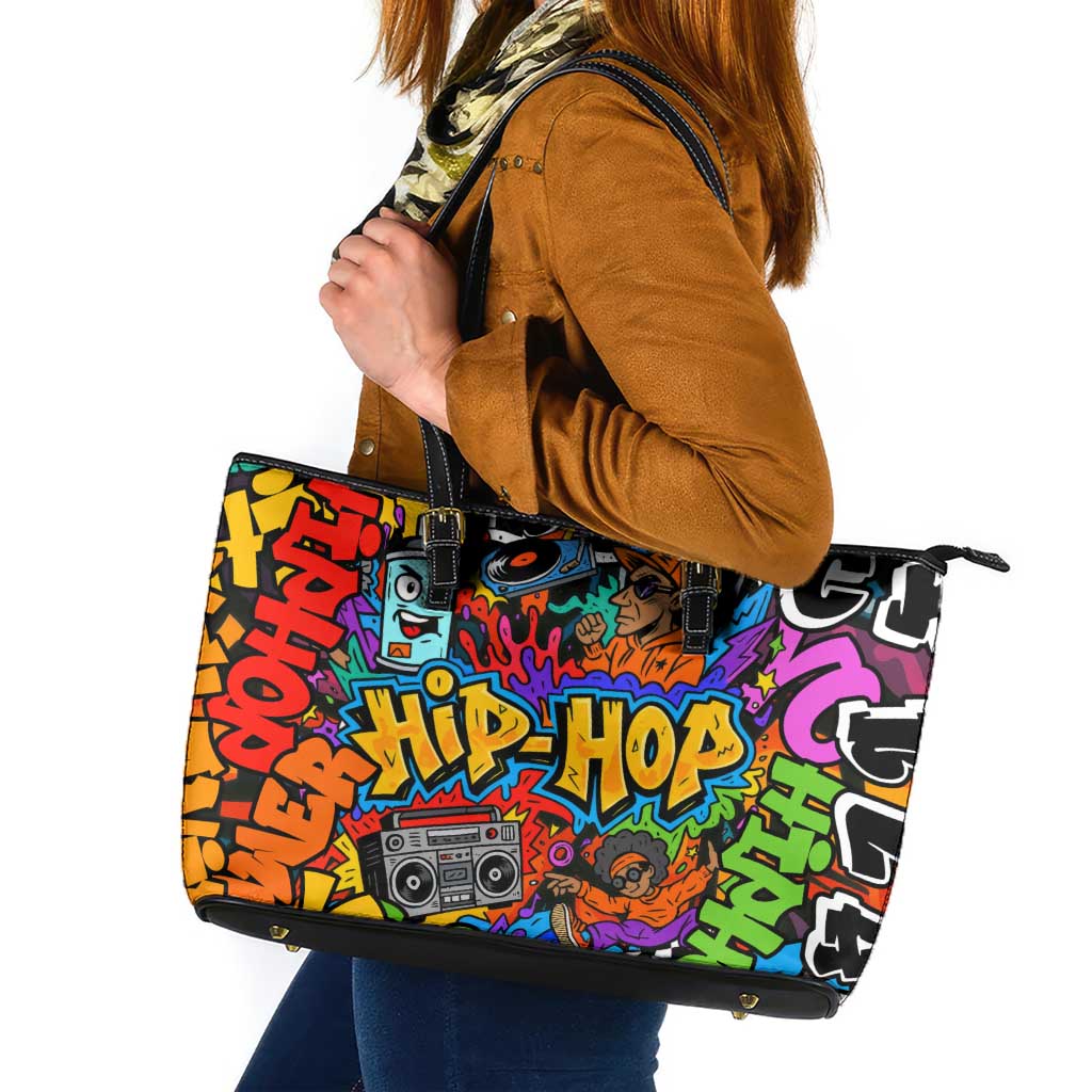 Hip Hop Graffiti Style Leather Tote Bag Black Melanin Text and Urban Street Art Design - Wonder Print Shop