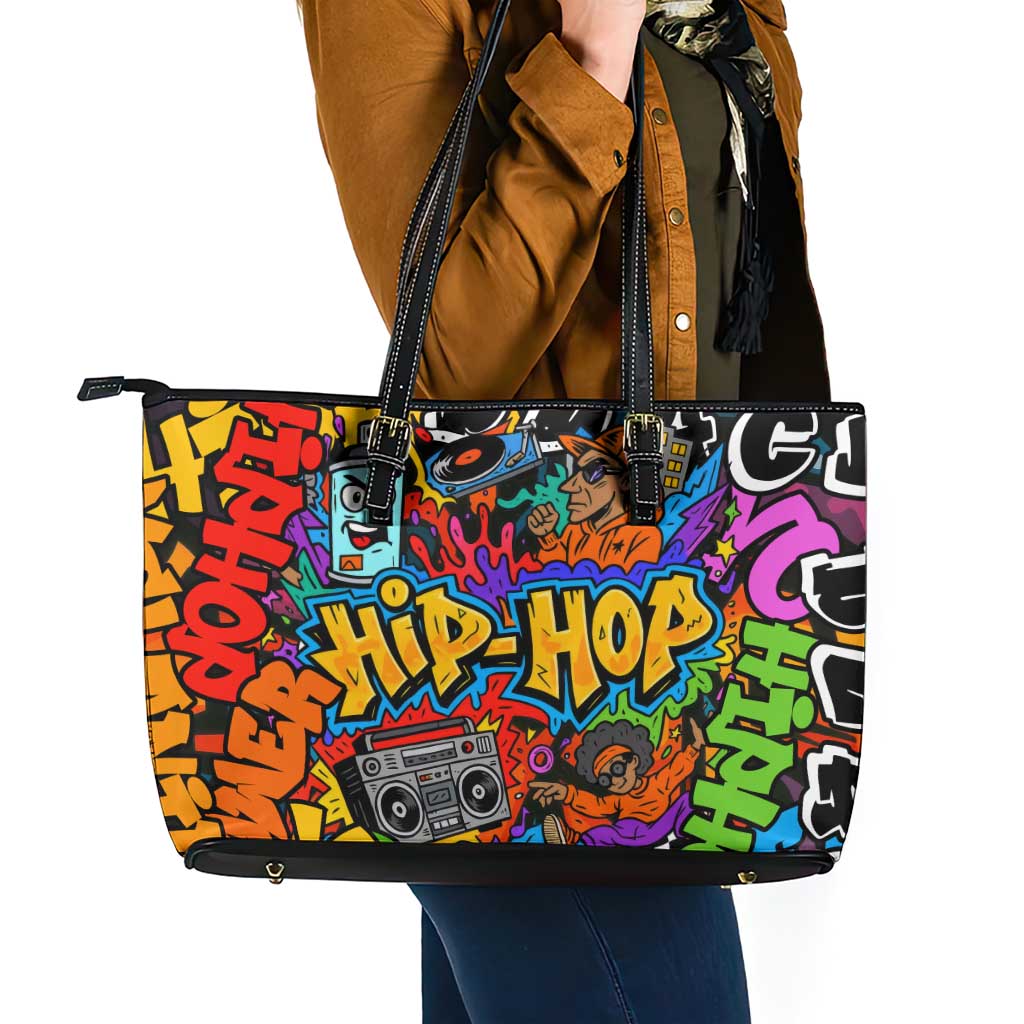 Hip Hop Graffiti Style Leather Tote Bag Black Melanin Text and Urban Street Art Design - Wonder Print Shop