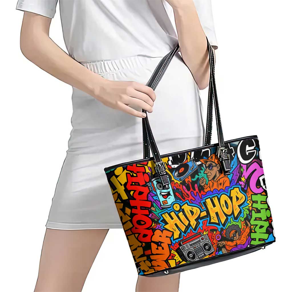 Hip Hop Graffiti Style Leather Tote Bag Black Melanin Text and Urban Street Art Design - Wonder Print Shop