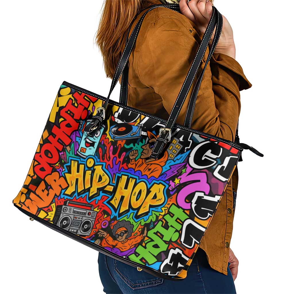 Hip Hop Graffiti Style Leather Tote Bag Black Melanin Text and Urban Street Art Design - Wonder Print Shop