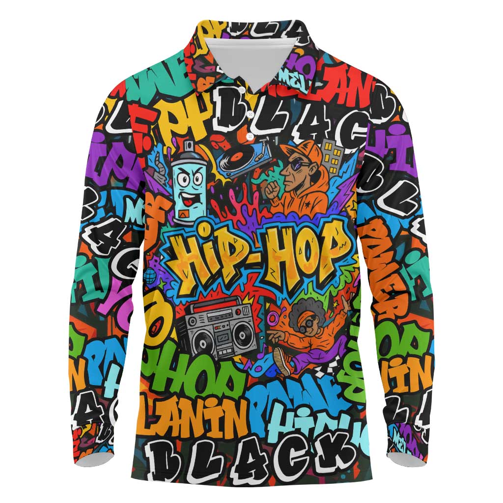 Hip Hop Graffiti Style Long Sleeve Polo Shirt Black Melanin Text and Urban Street Art Design - Wonder Print Shop
