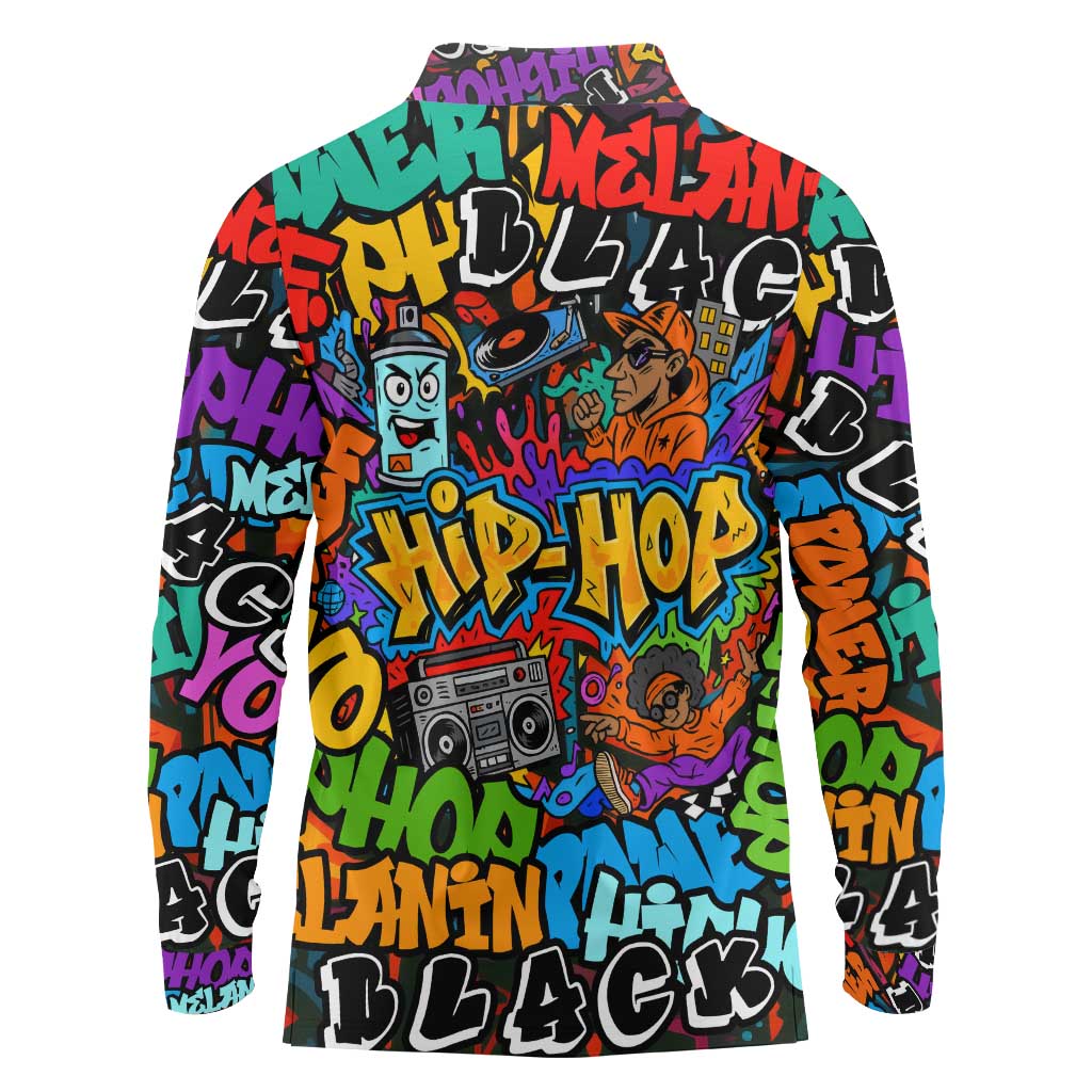 Hip Hop Graffiti Style Long Sleeve Polo Shirt Black Melanin Text and Urban Street Art Design - Wonder Print Shop