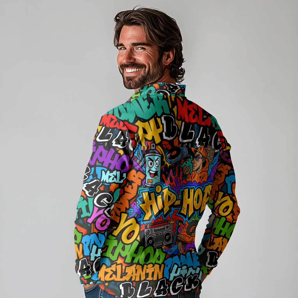 Hip Hop Graffiti Style Long Sleeve Polo Shirt Black Melanin Text and Urban Street Art Design - Wonder Print Shop