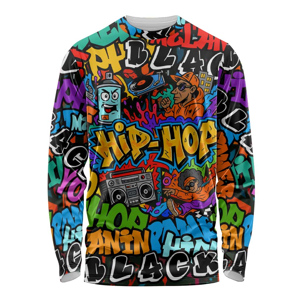 Hip Hop Graffiti Style Long Sleeve Shirt Black Melanin Text and Urban Street Art Design - Wonder Print Shop
