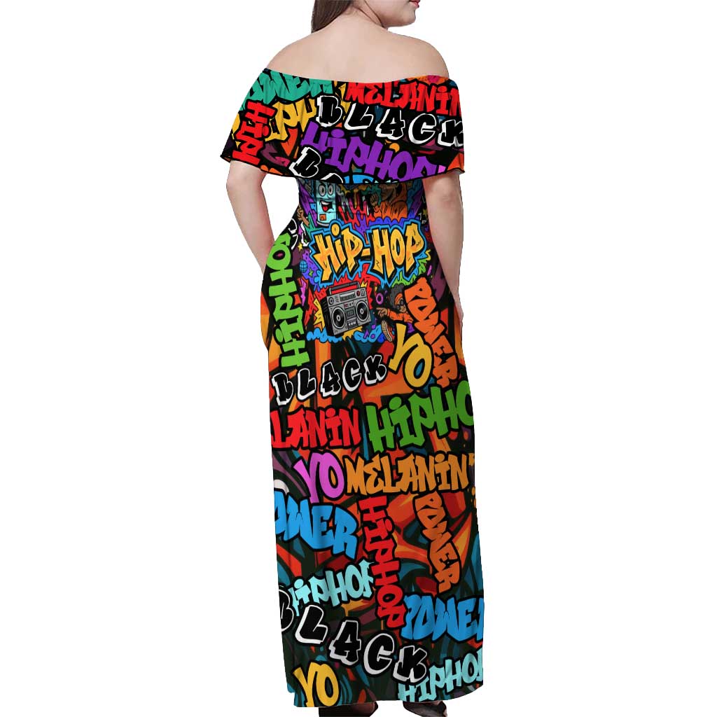 Hip Hop Graffiti Style Off Shoulder Maxi Dress Black Melanin Text and Urban Street Art Design - Wonder Print Shop