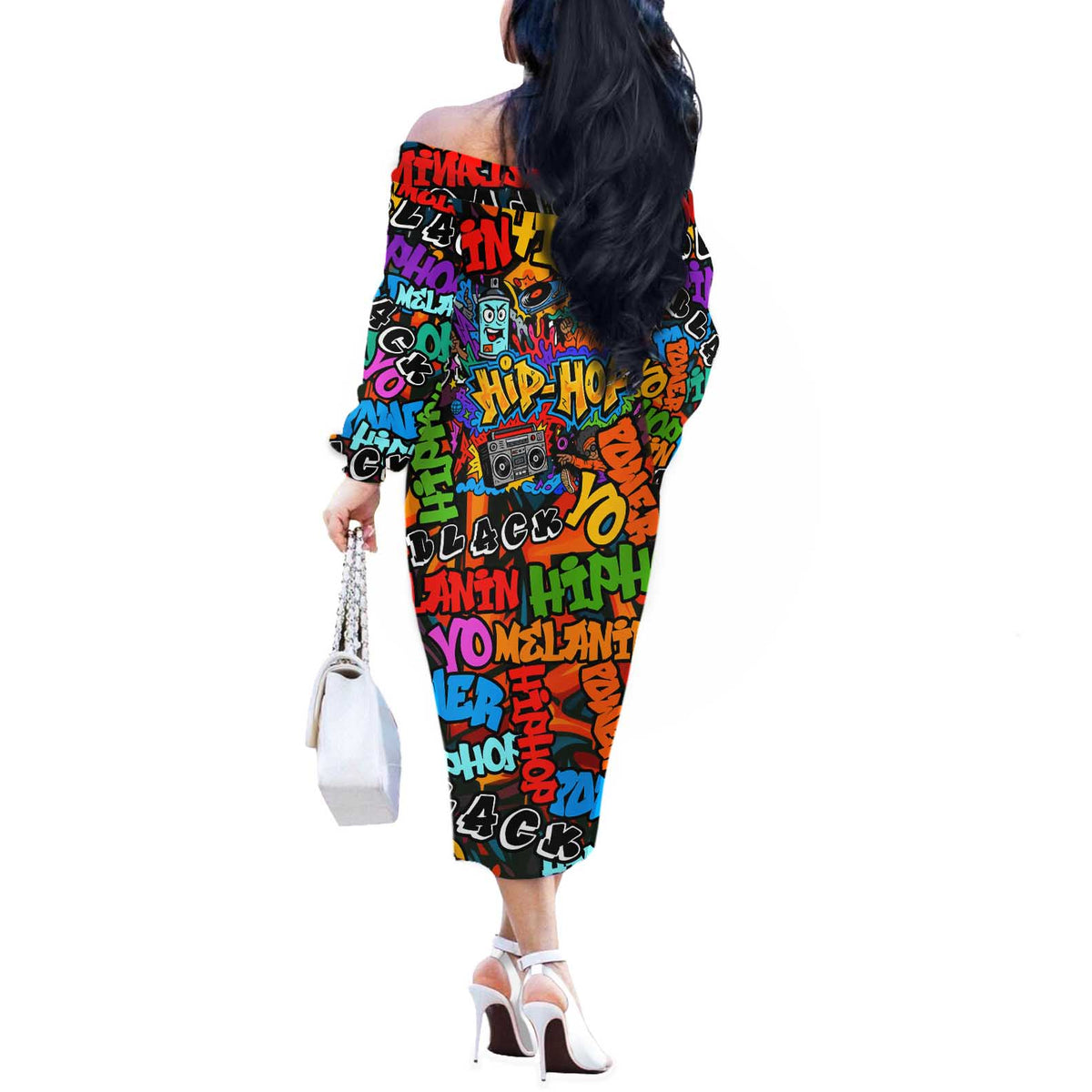 Hip Hop Graffiti Style Off The Shoulder Long Sleeve Dress Black Melanin Text and Urban Street Art Design - Wonder Print Shop