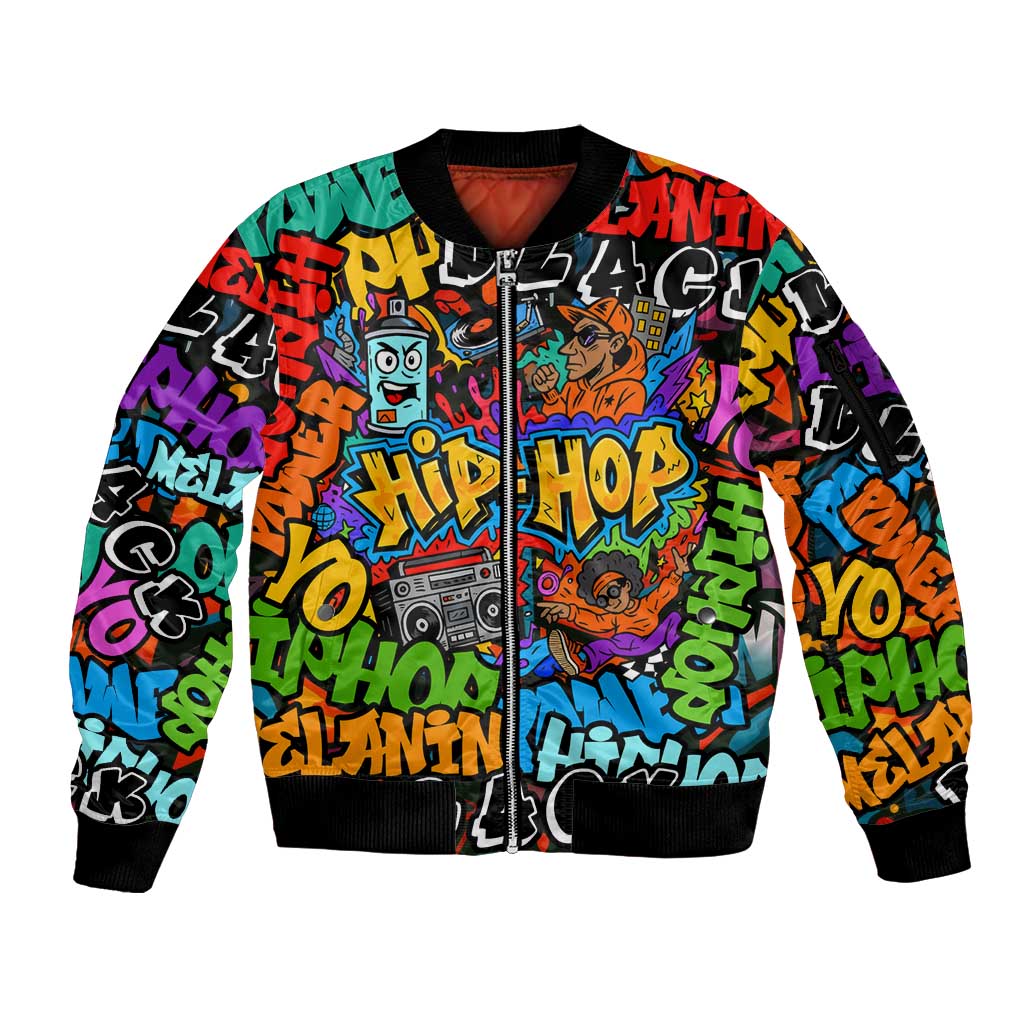 Hip Hop Graffiti Style Sleeve Zip Bomber Jacket Black Melanin Text and Urban Street Art Design - Wonder Print Shop