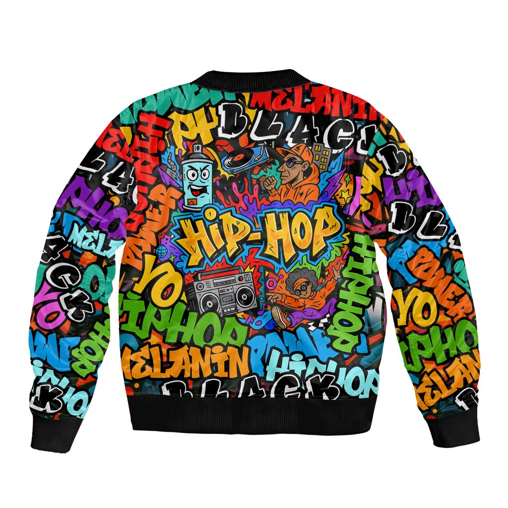 Hip Hop Graffiti Style Sleeve Zip Bomber Jacket Black Melanin Text and Urban Street Art Design - Wonder Print Shop