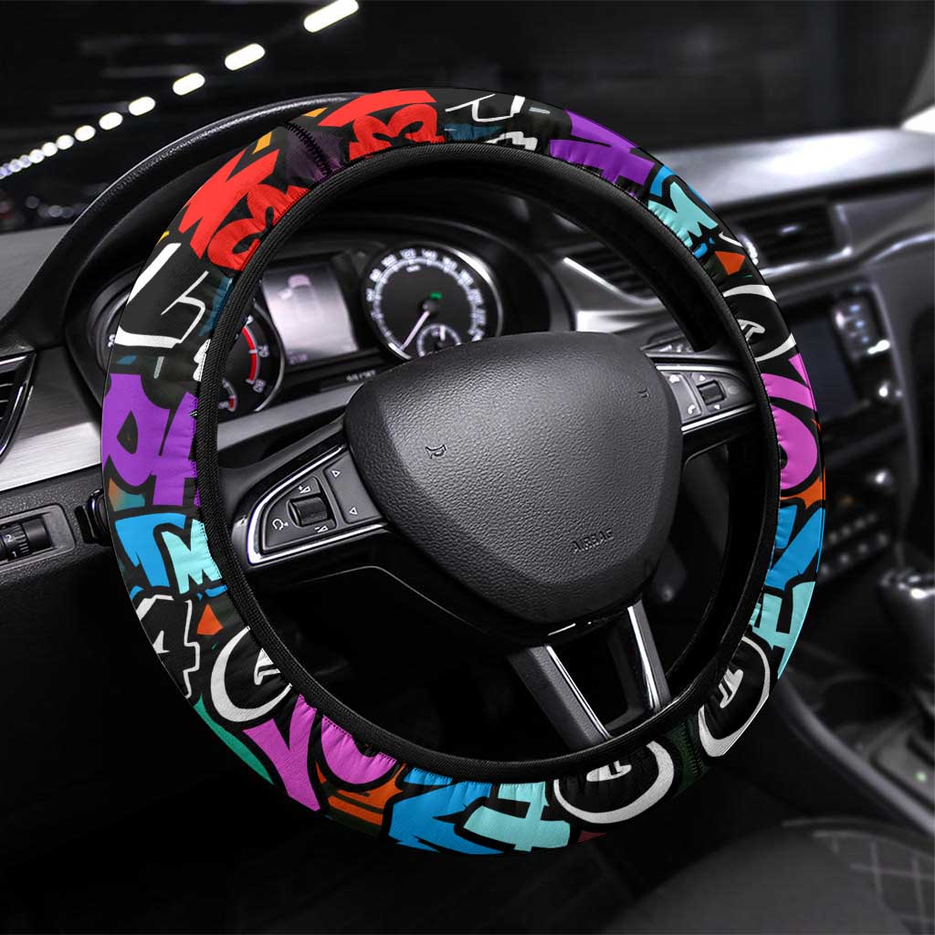Hip Hop Graffiti Style Steering Wheel Cover Black Melanin Text and Urban Street Art Design - Wonder Print Shop