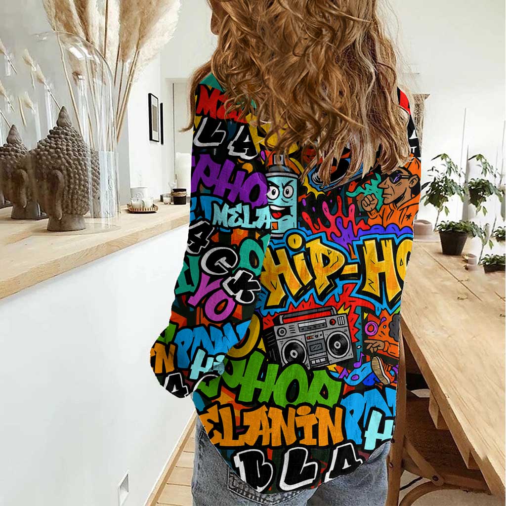 Hip Hop Graffiti Style Women Casual Shirt Black Melanin Text and Urban Street Art Design - Wonder Print Shop