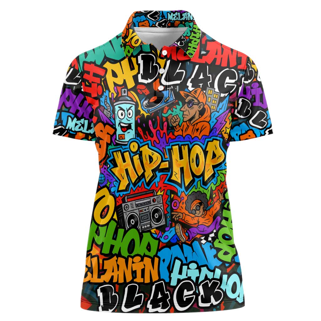 Hip Hop Graffiti Style Women Polo Shirt Black Melanin Text and Urban Street Art Design - Wonder Print Shop