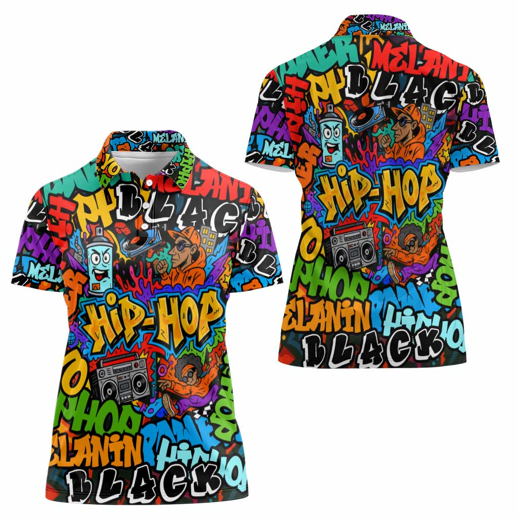 Hip Hop Graffiti Style Women Polo Shirt Black Melanin Text and Urban Street Art Design - Wonder Print Shop