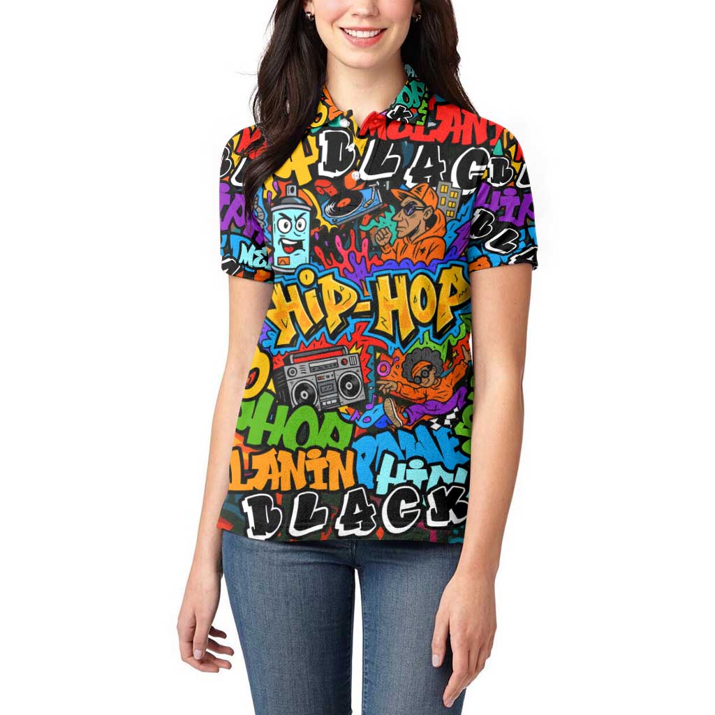 Hip Hop Graffiti Style Women Polo Shirt Black Melanin Text and Urban Street Art Design - Wonder Print Shop