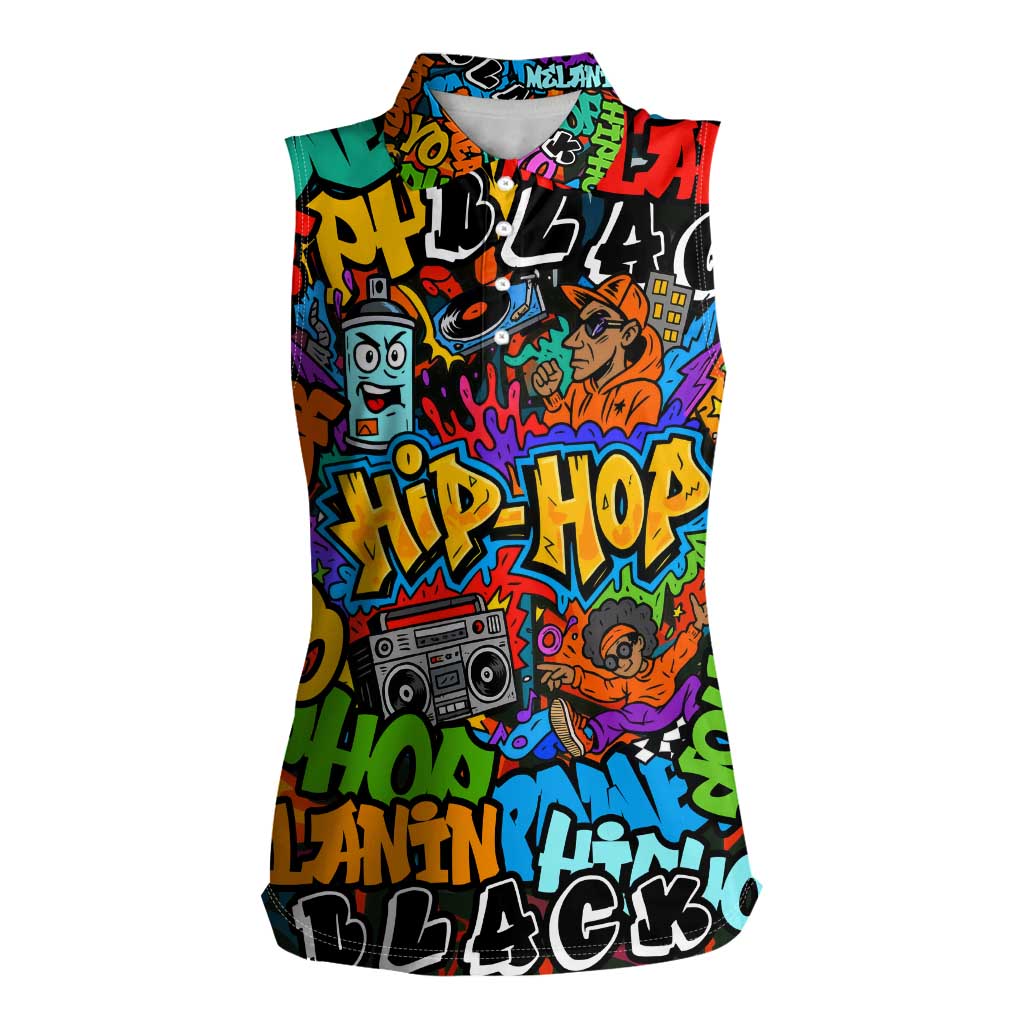 Hip Hop Graffiti Style Women Sleeveless Polo Shirt Black Melanin Text and Urban Street Art Design - Wonder Print Shop