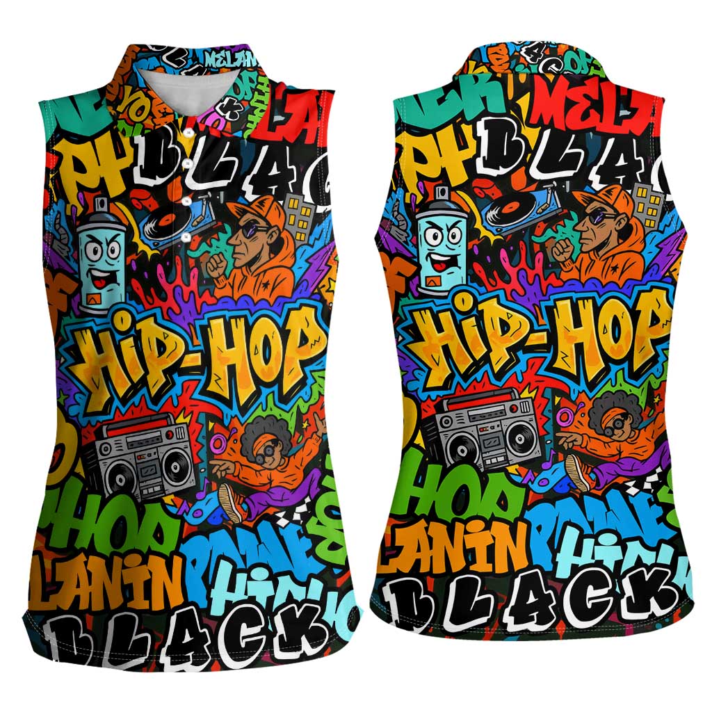 Hip Hop Graffiti Style Women Sleeveless Polo Shirt Black Melanin Text and Urban Street Art Design - Wonder Print Shop