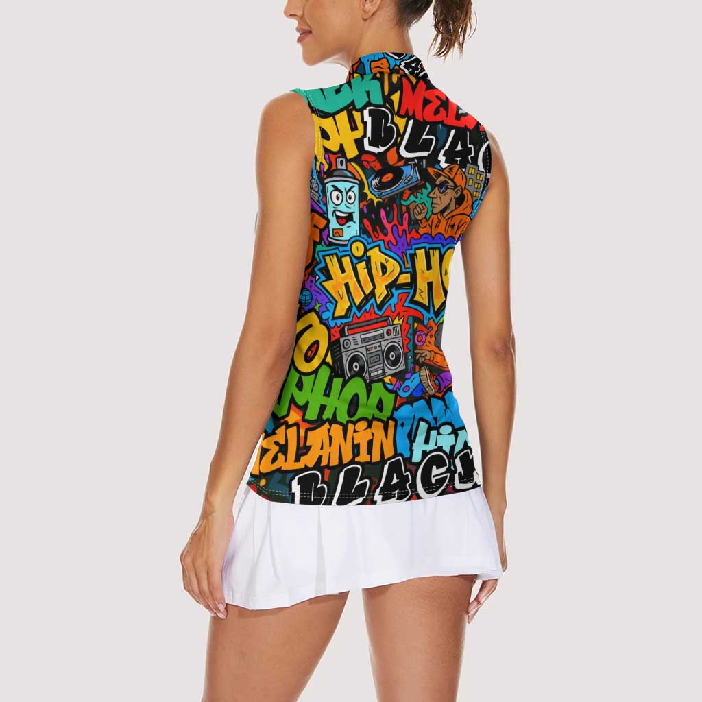 Hip Hop Graffiti Style Women Sleeveless Polo Shirt Black Melanin Text and Urban Street Art Design - Wonder Print Shop