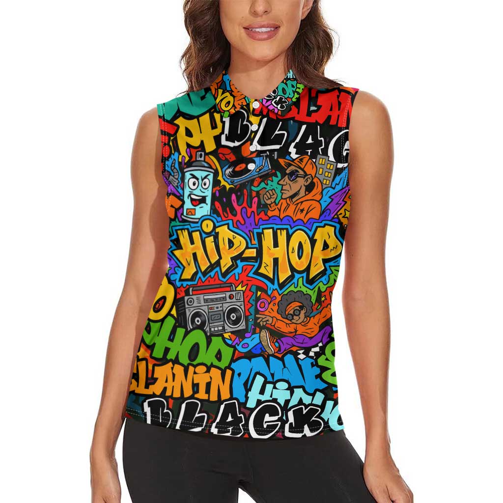 Hip Hop Graffiti Style Women Sleeveless Polo Shirt Black Melanin Text and Urban Street Art Design - Wonder Print Shop