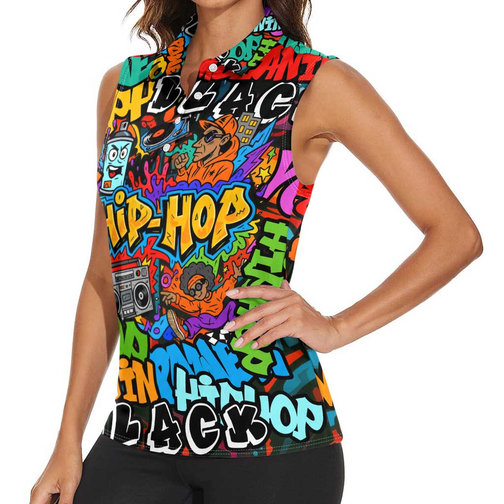 Hip Hop Graffiti Style Women Sleeveless Polo Shirt Black Melanin Text and Urban Street Art Design - Wonder Print Shop
