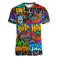 Hip Hop Graffiti Style Women V-Neck T-Shirt Black Melanin Text and Urban Street Art Design - Wonder Print Shop