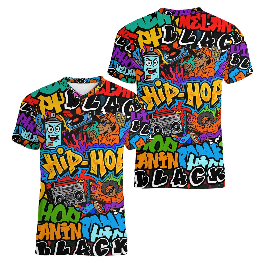 Hip Hop Graffiti Style Women V-Neck T-Shirt Black Melanin Text and Urban Street Art Design - Wonder Print Shop
