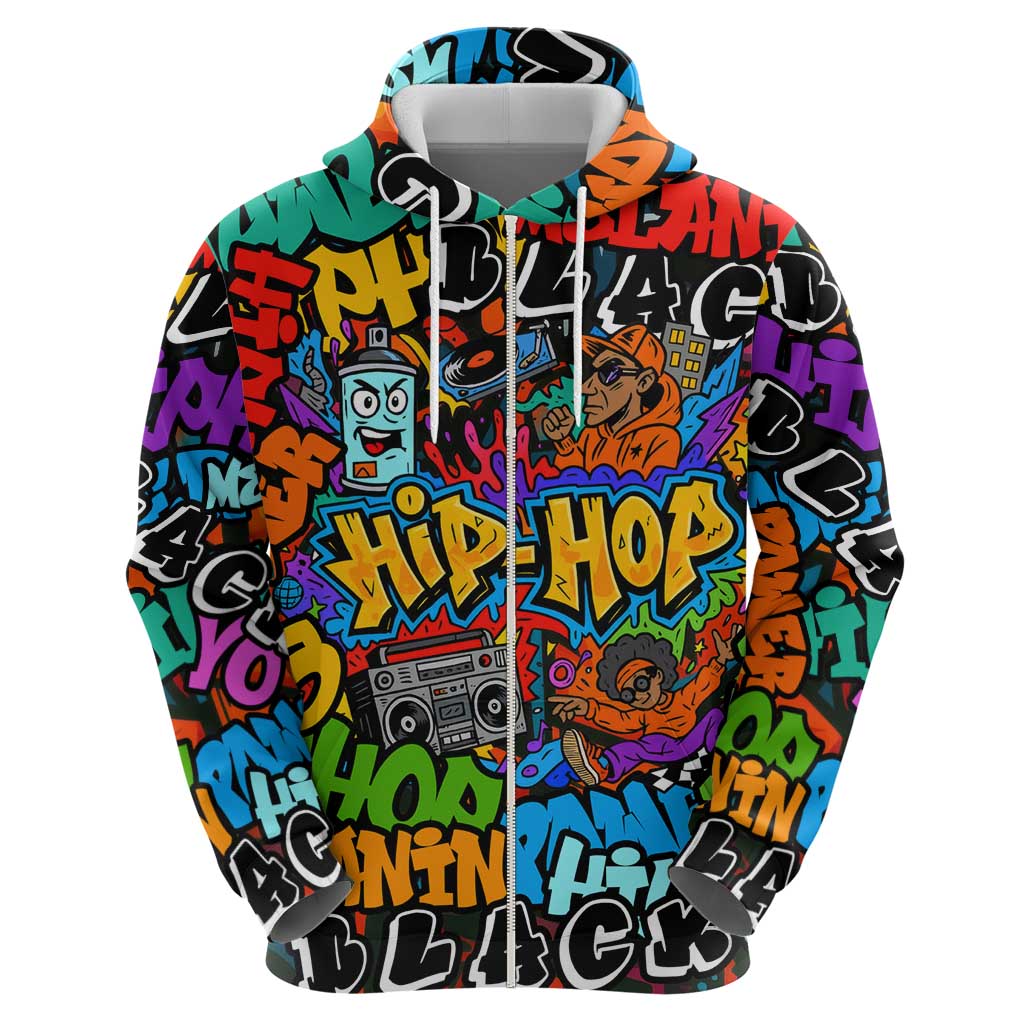 Hip Hop Graffiti Style Zip Hoodie Black Melanin Text and Urban Street Art Design - Wonder Print Shop