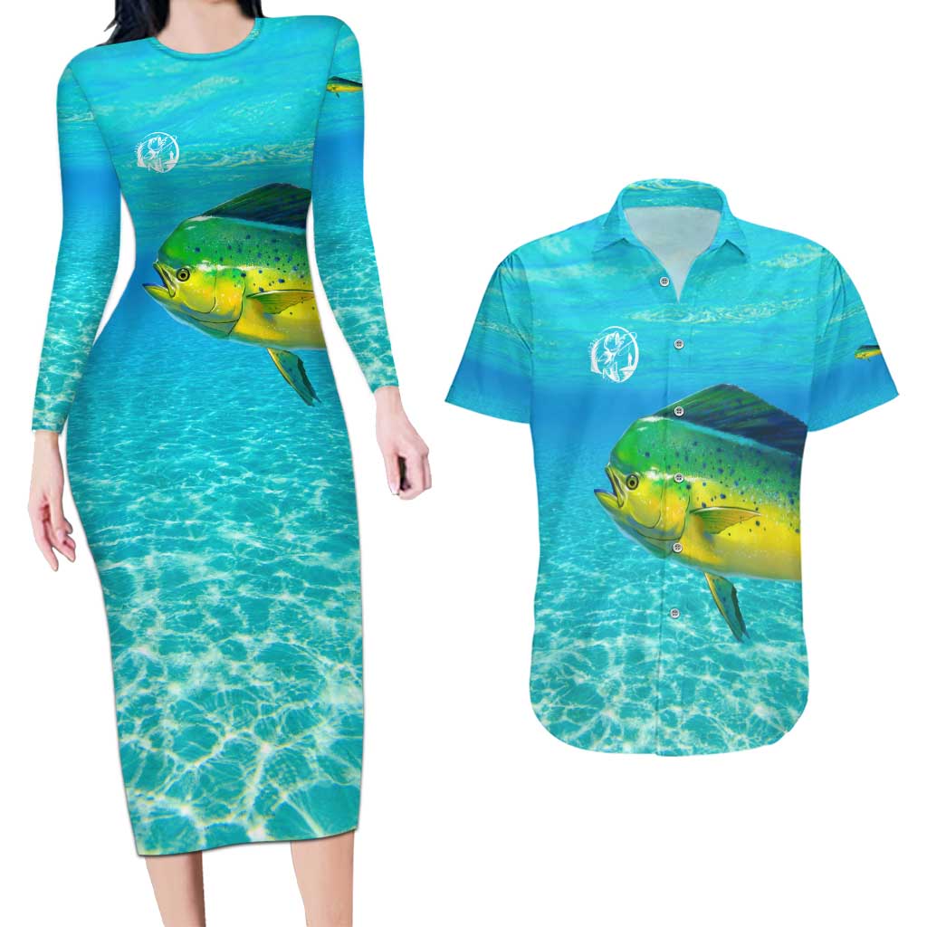 Mahi Mahi  Fishing Customize Name Couples Matching Long Sleeve Bodycon Dress and Hawaiian Shirt Underwater Blue Background in Tropical Ocean Scene - Wonder Print Shop
