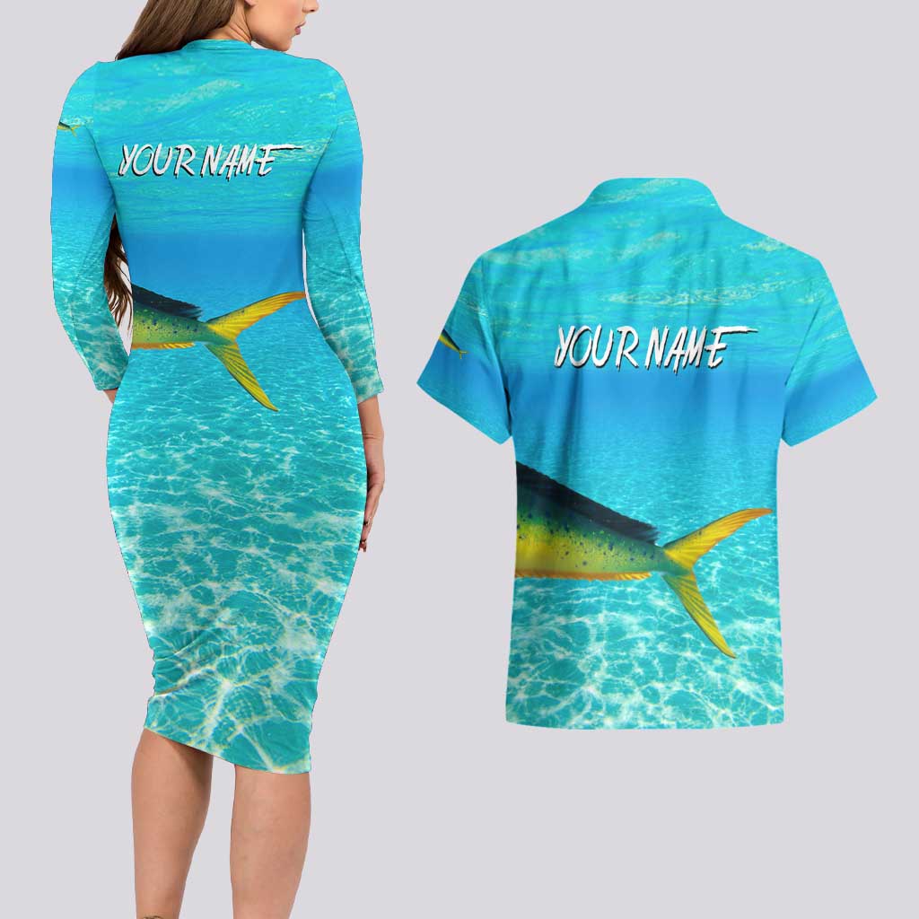 Mahi Mahi  Fishing Customize Name Couples Matching Long Sleeve Bodycon Dress and Hawaiian Shirt Underwater Blue Background in Tropical Ocean Scene - Wonder Print Shop