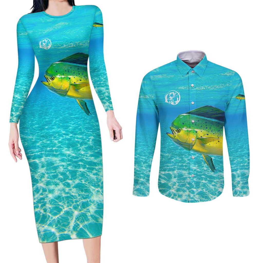Mahi Mahi  Fishing Customize Name Couples Matching Long Sleeve Bodycon Dress and Long Sleeve Button Shirt Underwater Blue Background in Tropical Ocean Scene - Wonder Print Shop