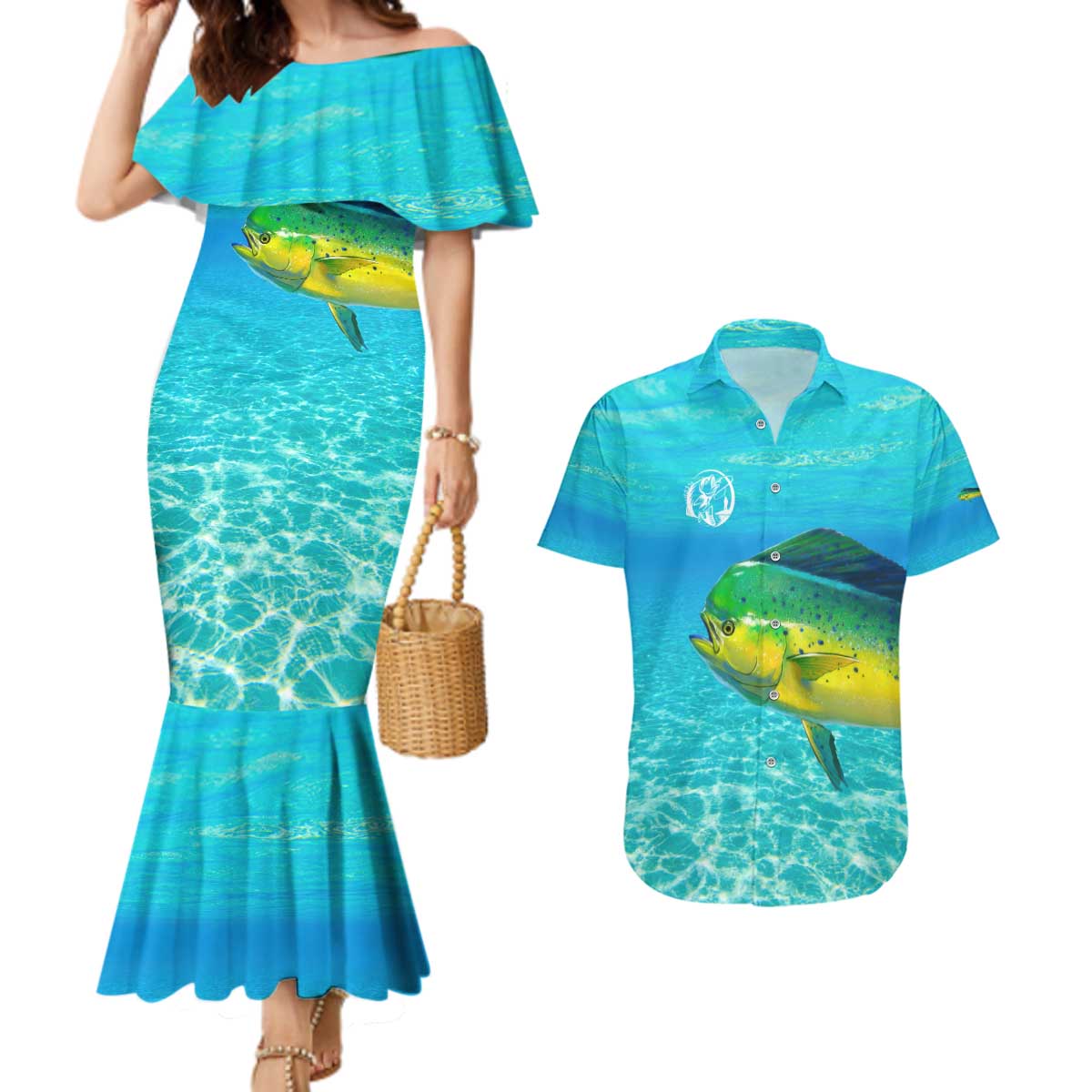Mahi Mahi  Fishing Customize Name Couples Matching Mermaid Dress and Hawaiian Shirt Underwater Blue Background in Tropical Ocean Scene - Wonder Print Shop