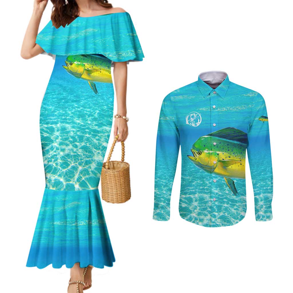 Mahi Mahi  Fishing Customize Name Couples Matching Mermaid Dress and Long Sleeve Button Shirt Underwater Blue Background in Tropical Ocean Scene - Wonder Print Shop