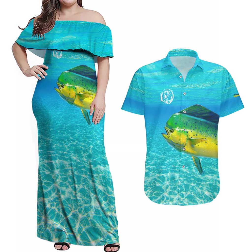 Mahi Mahi  Fishing Customize Name Couples Matching Off Shoulder Maxi Dress and Hawaiian Shirt Underwater Blue Background in Tropical Ocean Scene - Wonder Print Shop