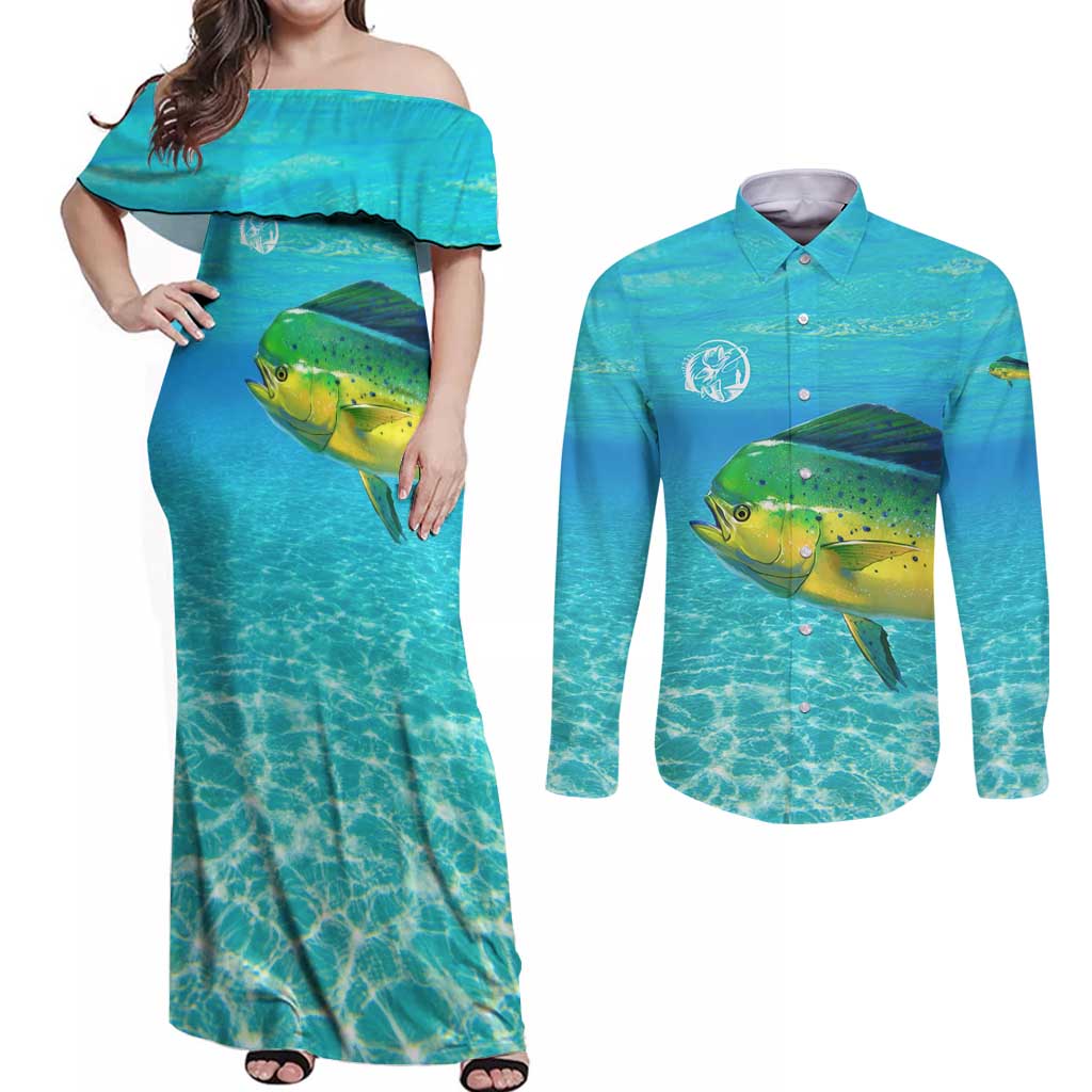 Mahi Mahi  Fishing Customize Name Couples Matching Off Shoulder Maxi Dress and Long Sleeve Button Shirt Underwater Blue Background in Tropical Ocean Scene - Wonder Print Shop
