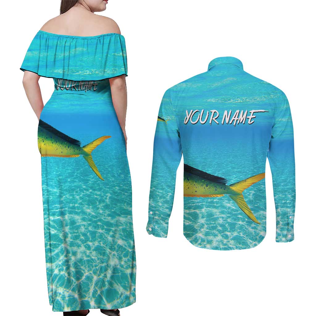 Mahi Mahi  Fishing Customize Name Couples Matching Off Shoulder Maxi Dress and Long Sleeve Button Shirt Underwater Blue Background in Tropical Ocean Scene - Wonder Print Shop