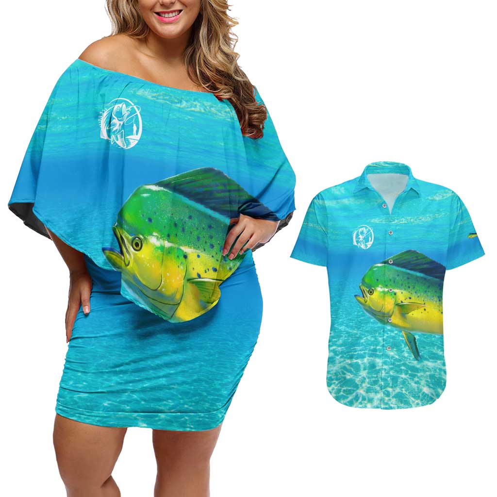 Mahi Mahi  Fishing Customize Name Couples Matching Off Shoulder Short Dress and Hawaiian Shirt Underwater Blue Background in Tropical Ocean Scene - Wonder Print Shop