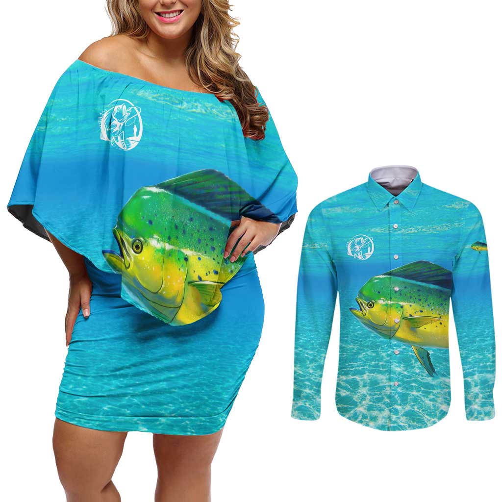 Mahi Mahi  Fishing Customize Name Couples Matching Off Shoulder Short Dress and Long Sleeve Button Shirt Underwater Blue Background in Tropical Ocean Scene - Wonder Print Shop
