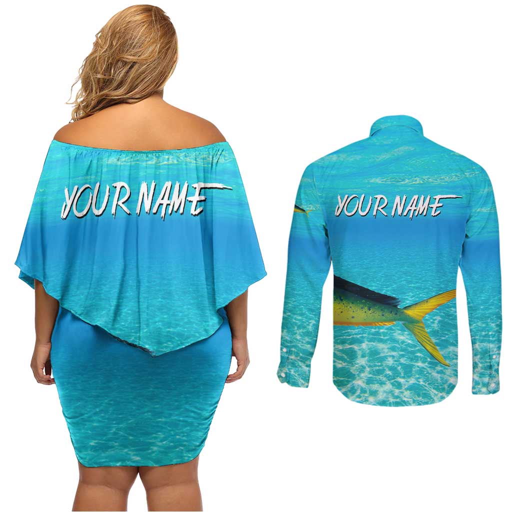 Mahi Mahi  Fishing Customize Name Couples Matching Off Shoulder Short Dress and Long Sleeve Button Shirt Underwater Blue Background in Tropical Ocean Scene - Wonder Print Shop