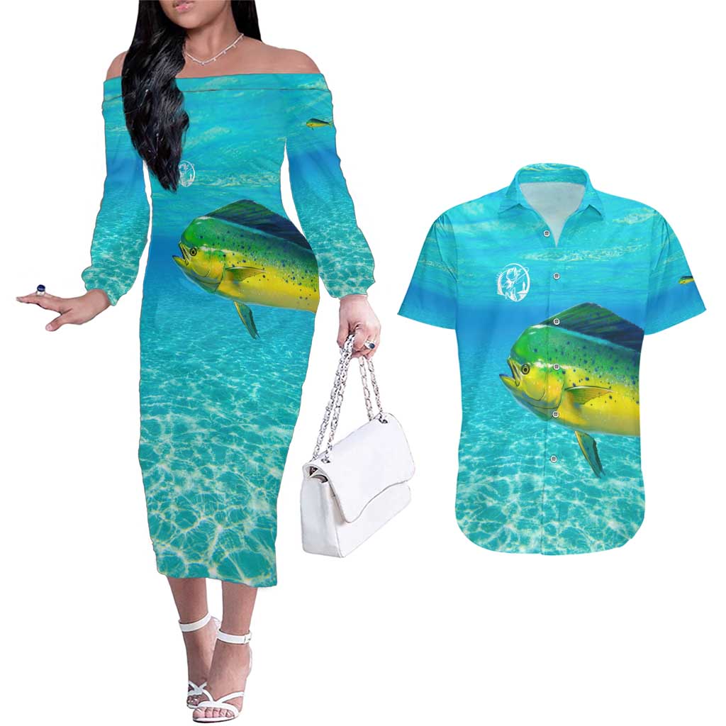 Mahi Mahi  Fishing Customize Name Couples Matching Off The Shoulder Long Sleeve Dress and Hawaiian Shirt Underwater Blue Background in Tropical Ocean Scene - Wonder Print Shop