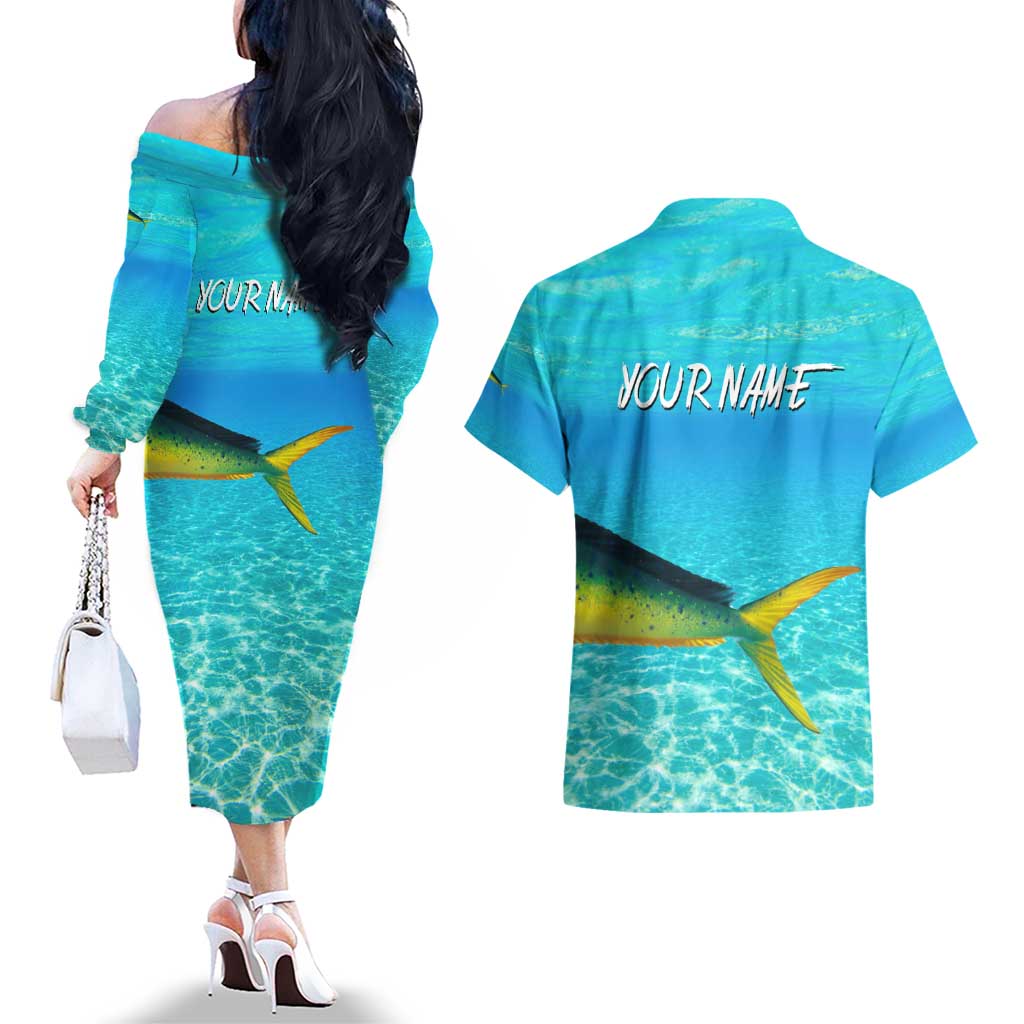Mahi Mahi  Fishing Customize Name Couples Matching Off The Shoulder Long Sleeve Dress and Hawaiian Shirt Underwater Blue Background in Tropical Ocean Scene - Wonder Print Shop