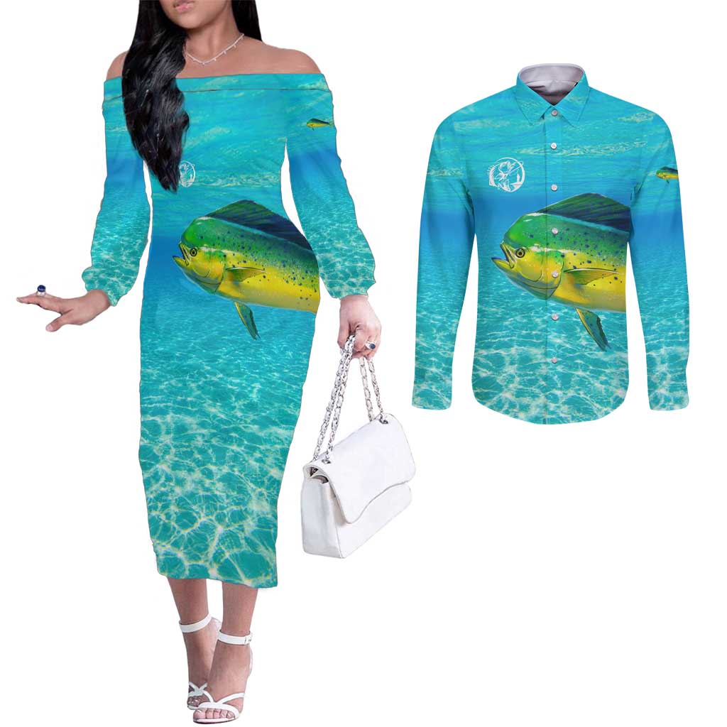 Mahi Mahi  Fishing Customize Name Couples Matching Off The Shoulder Long Sleeve Dress and Long Sleeve Button Shirt Underwater Blue Background in Tropical Ocean Scene - Wonder Print Shop