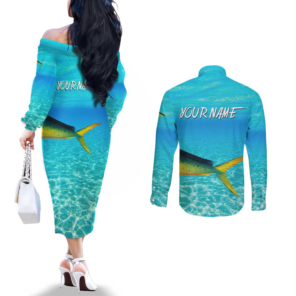 Mahi Mahi  Fishing Customize Name Couples Matching Off The Shoulder Long Sleeve Dress and Long Sleeve Button Shirt Underwater Blue Background in Tropical Ocean Scene - Wonder Print Shop