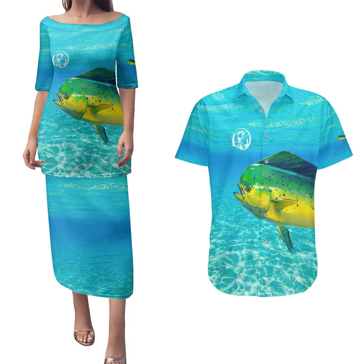 Mahi Mahi  Fishing Customize Name Couples Matching Puletasi and Hawaiian Shirt Underwater Blue Background in Tropical Ocean Scene - Wonder Print Shop