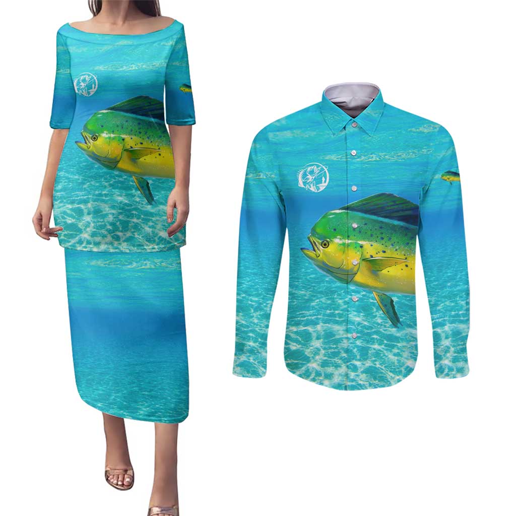 Mahi Mahi  Fishing Customize Name Couples Matching Puletasi and Long Sleeve Button Shirt Underwater Blue Background in Tropical Ocean Scene - Wonder Print Shop