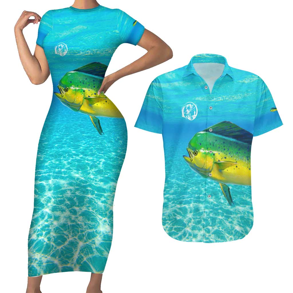 Mahi Mahi  Fishing Customize Name Couples Matching Short Sleeve Bodycon Dress and Hawaiian Shirt Underwater Blue Background in Tropical Ocean Scene - Wonder Print Shop