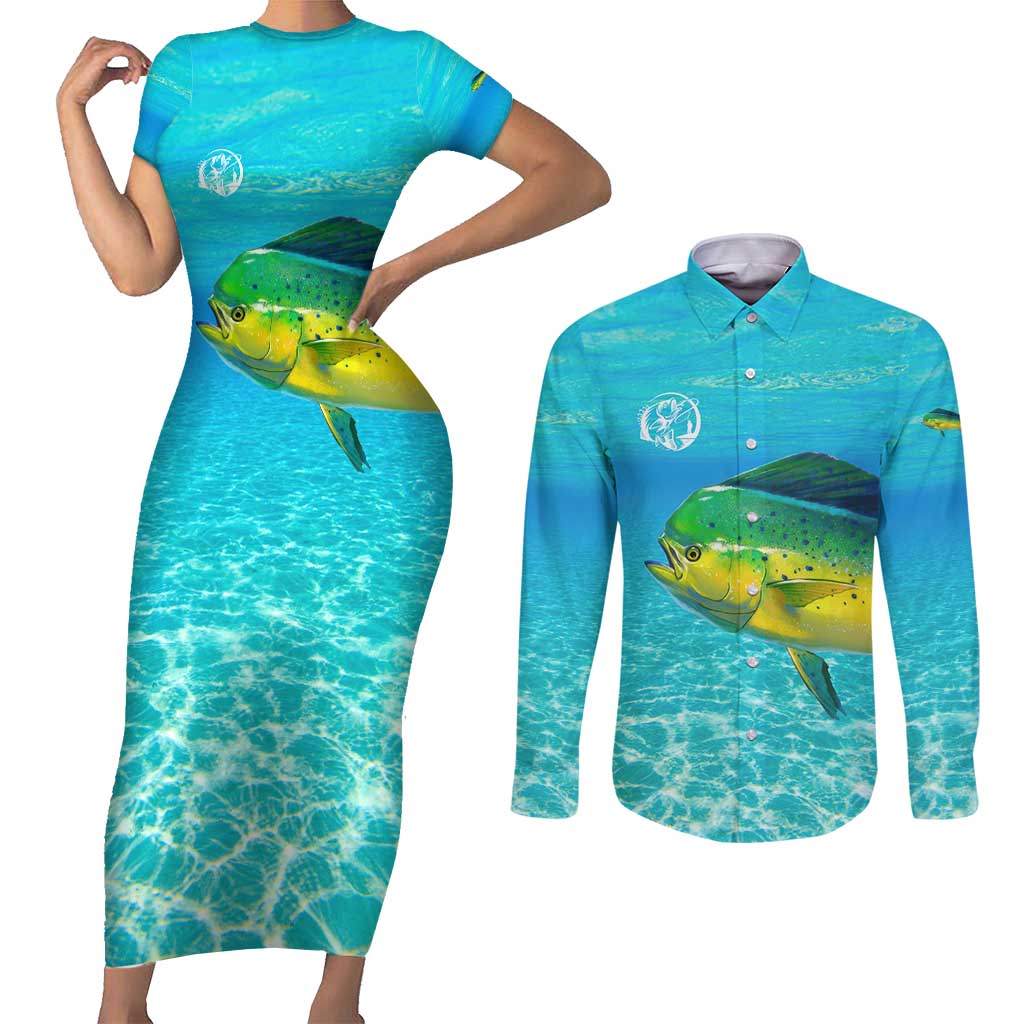 Mahi Mahi  Fishing Customize Name Couples Matching Short Sleeve Bodycon Dress and Long Sleeve Button Shirt Underwater Blue Background in Tropical Ocean Scene - Wonder Print Shop